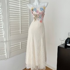 Flower embroidery u neck lace cami maxi dress