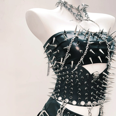 PU leather halter rivet skull metal chain o ring top