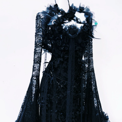 Lace long flared sleeve flower applique maxi dress