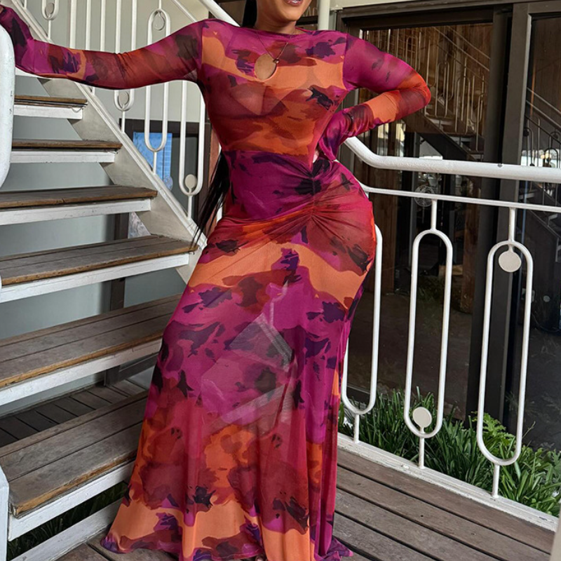 Long sleeve mesh ruched print maxi dress