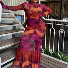 Long sleeve mesh ruched print maxi dress