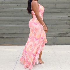 Ruched ruffle self tie slit print cami midi dress