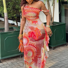 Off shoulder contrast print ruffle maxi dress