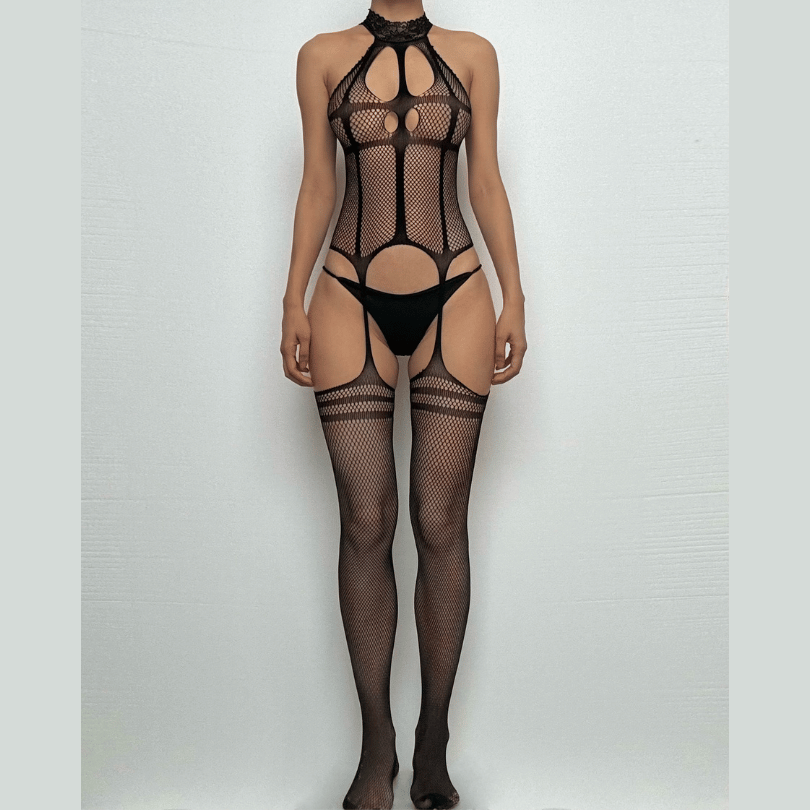 High neck fishnet suspender strappy bodystocking