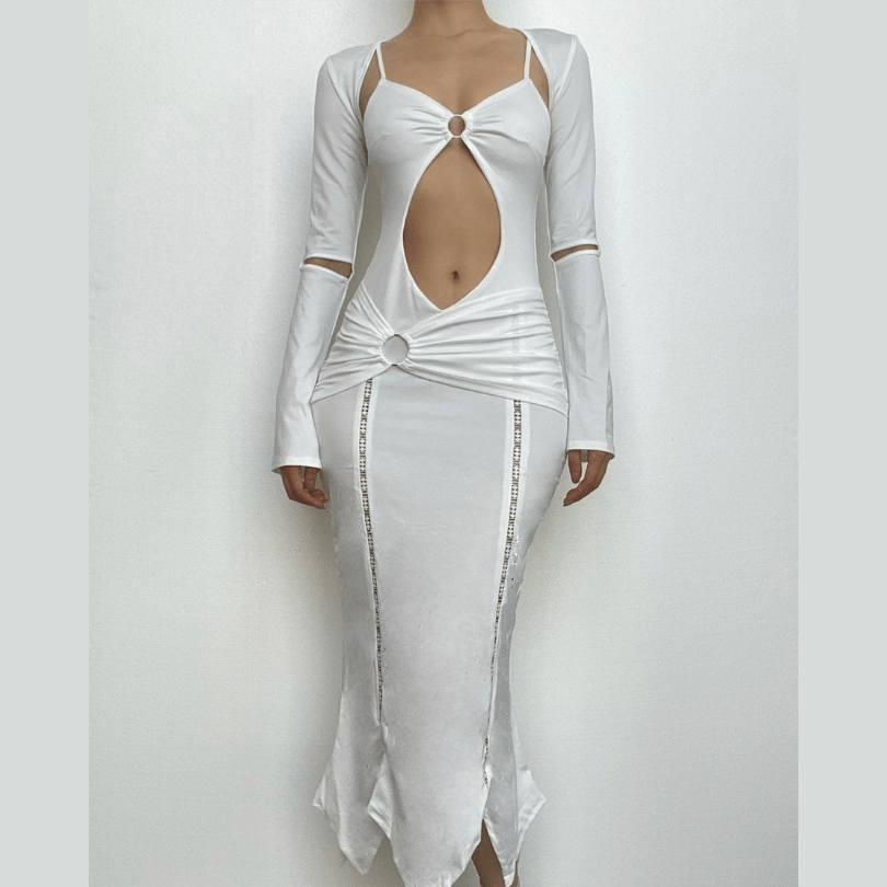 Long sleeve hollow out ruched o ring shrug cami cut out midi dress-final-sale
