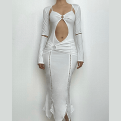 Long sleeve hollow out ruched o ring shrug cami cut out midi dress-final-sale