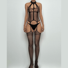 High neck fishnet suspender strappy bodystocking