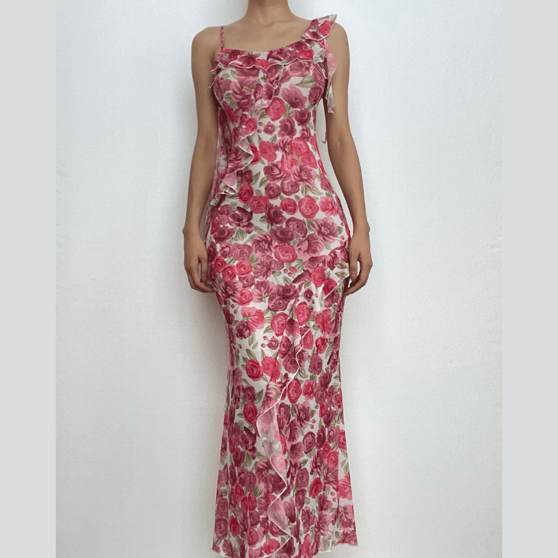 Sheer mesh see through irregular flower print ruffle maxi dress-final-sale