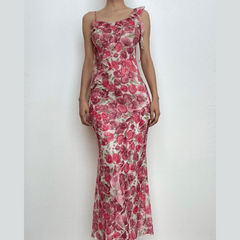 Sheer mesh see through irregular flower print ruffle maxi dress-final-sale