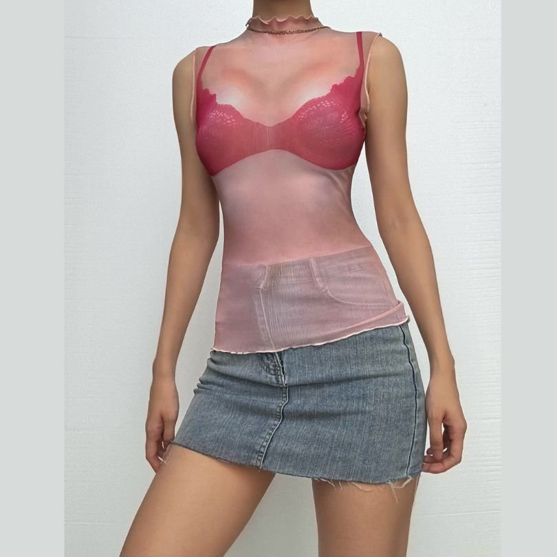 Crewneck sheer mesh print sleeveless contrast top