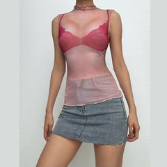 Crewneck sheer mesh print sleeveless contrast top