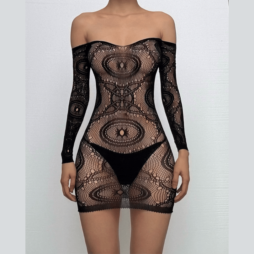 Long sleeve sheer lace solid mini dress