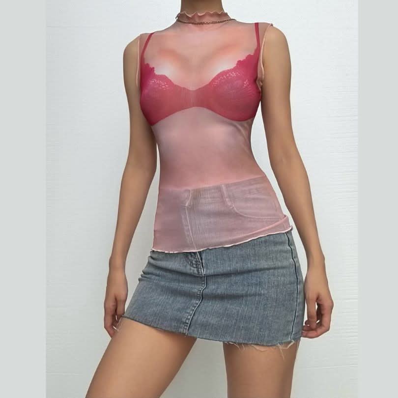 Crewneck sheer mesh print sleeveless contrast top-final-sale