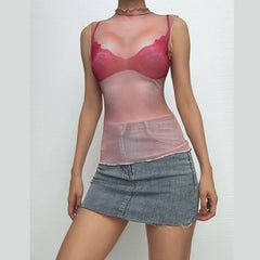 Crewneck sheer mesh print sleeveless contrast top-final-sale