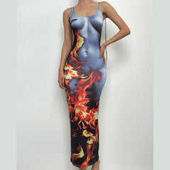 Body print sleeveless contrast backless u neck midi dress-final-sale