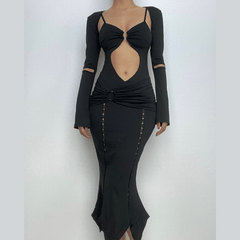 Long sleeve hollow out ruched o ring shrug cami cut out midi dress-final-sale