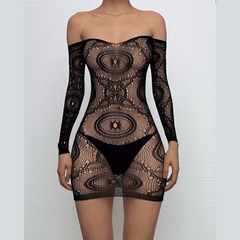 Long sleeve sheer lace solid mini dress