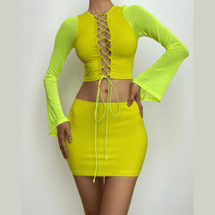 Long sleeve hollow out lace up mesh mini skirt set-final-sale