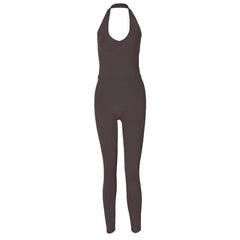 Halter u neck solid backless pant set