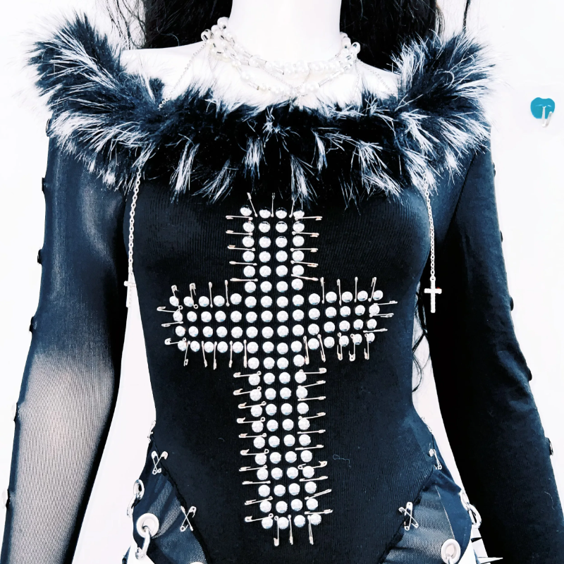 Long sleeve fluffy cross pattern rivet top