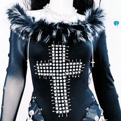 Long sleeve fluffy cross pattern rivet top