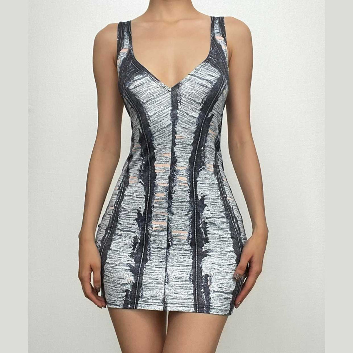 Denim print v neck backless contrast sleeveless mini dress-final-sale