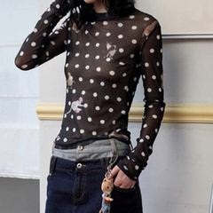 Long sleeve polka dot mesh top