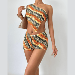 One shoulder self tie knitted irregular pant set