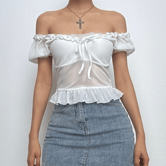Short puff sleeve ruffle ruched knotted crop top-final-sale