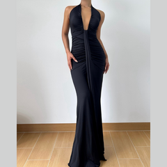 Deep v neck ruched backless maxi dress