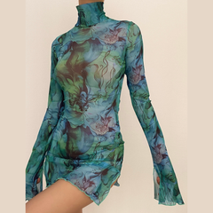 Sheer mesh see through print high neck slit long sleeve mini dress