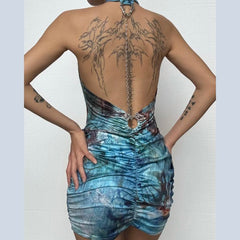 Ruched hollow out print metal chain cut out mini dress