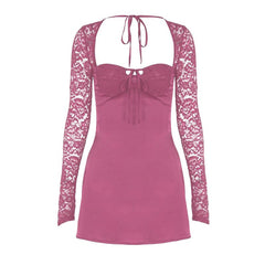 Long sleeve lace knotted ruched solid mini dress
