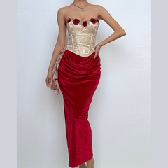Sweetheart neck bustier flower applique contrast tube maxi dress