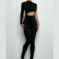 Hollow out high neck irregular zip-up jumpsuit