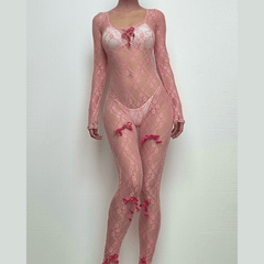 Long sleeve see through bowknot lace jumpsuit
