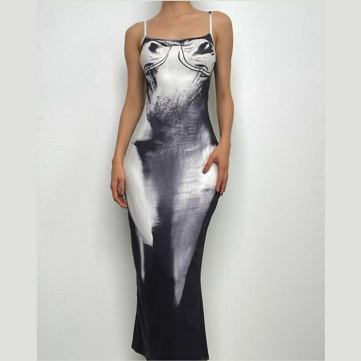 Square neck contrast print backless slit cami maxi dress-final-sale