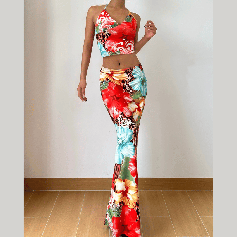V neck self tie halter flower print maxi skirt set