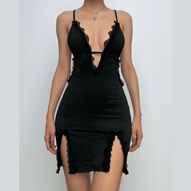 Deep v neck cross front lace hem backless cami mini dress