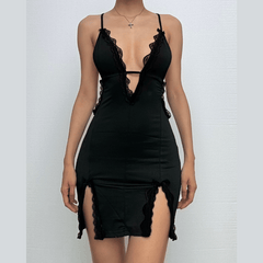 Deep v neck cross front lace hem backless cami mini dress