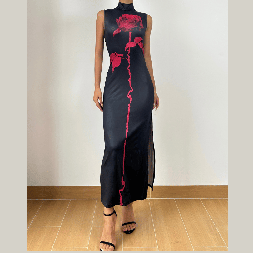 Sleeveless high neck slit flower print backless maxi dress