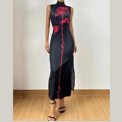 Sleeveless high neck slit flower print backless maxi dress