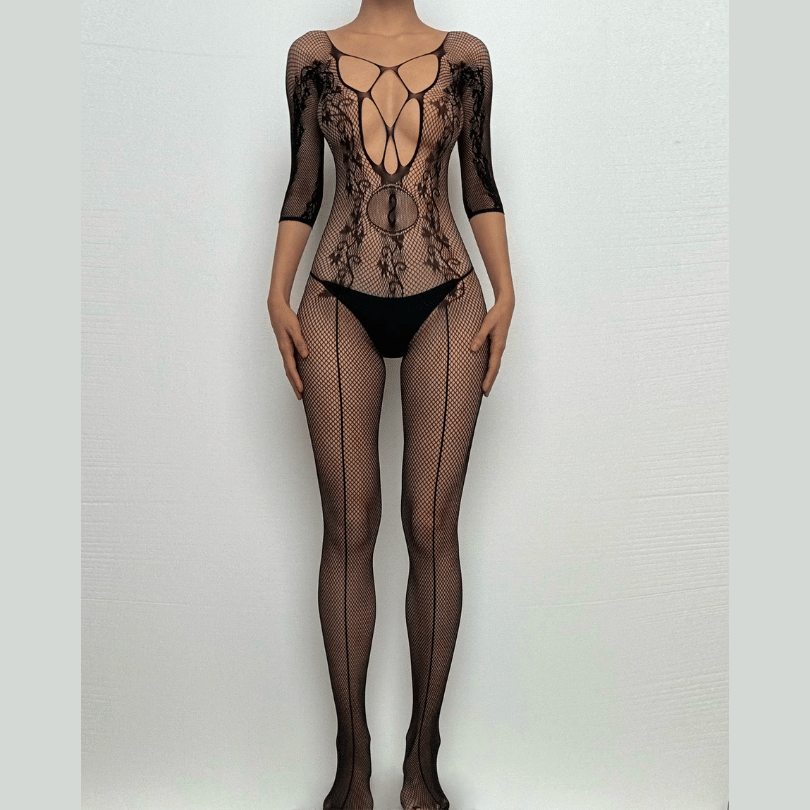 Long sleeve lace fishnet hollow out bodystocking