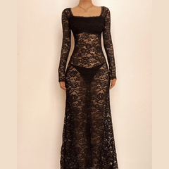Lace see through square neck long sleeve zip-up solid maxi dress-final-sale