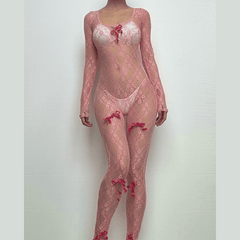 Long sleeve see through bowknot lace jumpsuit-final-sale