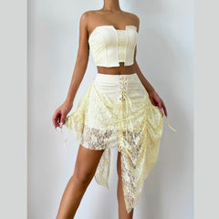 Lace up ruched lace irregular A line mini skirt
