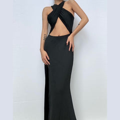 Hollow out cross front slit solid cut out maxi dress