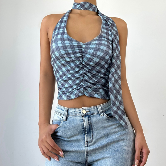 Halter u neck plaid ruched backless top