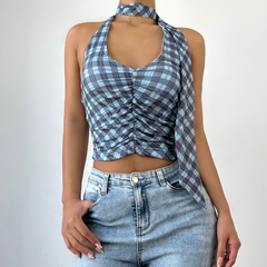 Halter u neck plaid ruched backless top