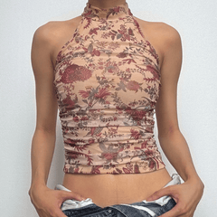 Halter button backless print ruched top